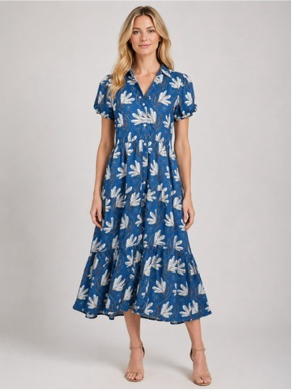 House of Binkie Blue White Floral Midi Dress 100% Cotton Cottage Beach Size M